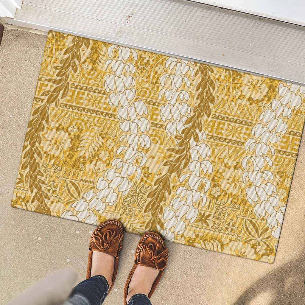 Gold Puakenikeni and Maile Lei Rubber Doormat Hawaiian Style Tribal Tapa Double Strand Lei