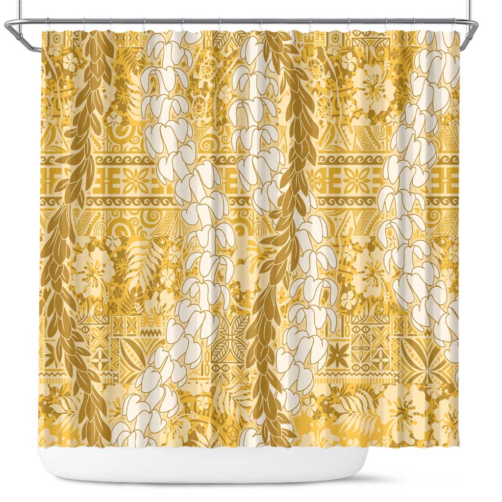 Gold Puakenikeni and Maile Lei Shower Curtain Hawaiian Style Tribal Tapa Double Strand Lei