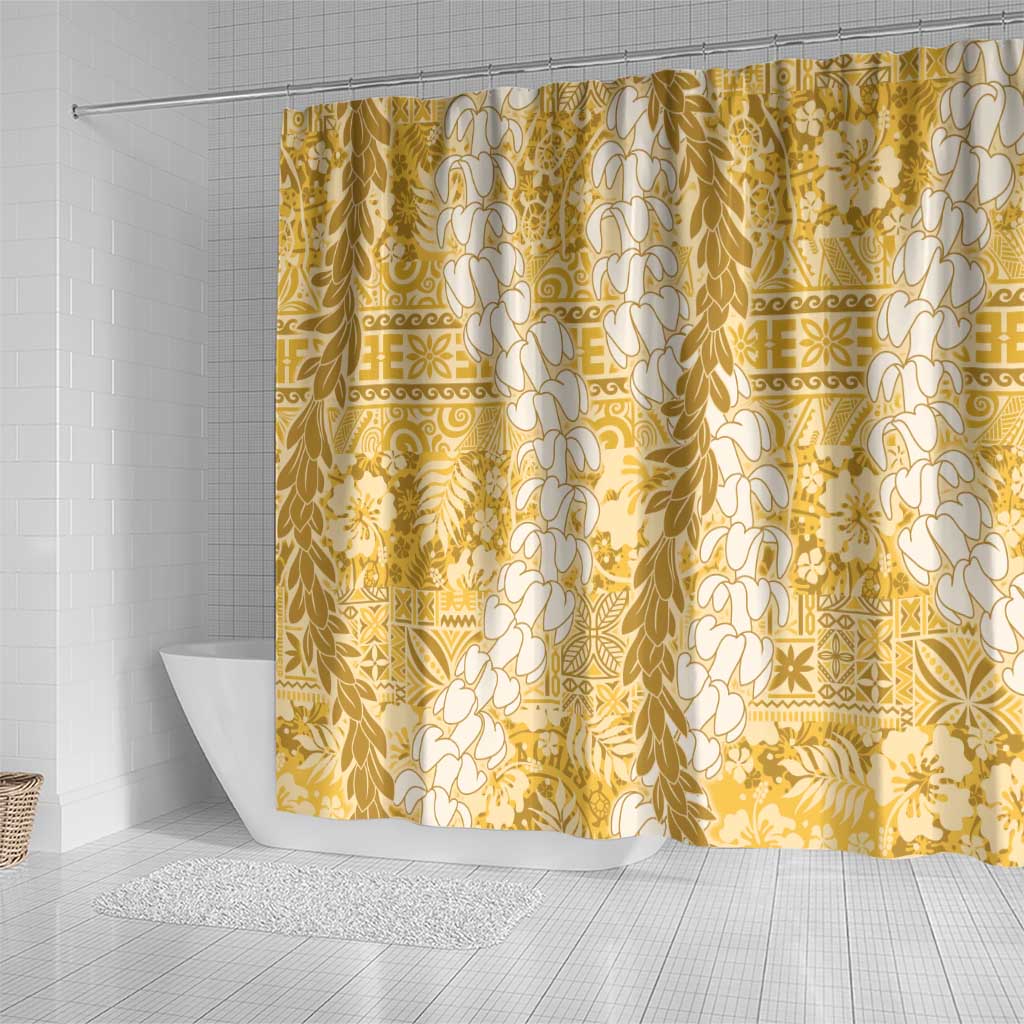 Gold Puakenikeni and Maile Lei Shower Curtain Hawaiian Style Tribal Tapa Double Strand Lei