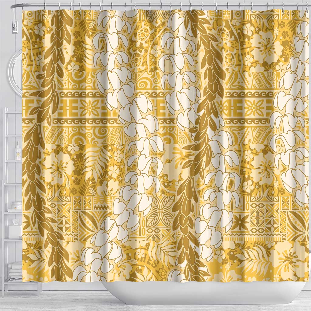 Gold Puakenikeni and Maile Lei Shower Curtain Hawaiian Style Tribal Tapa Double Strand Lei