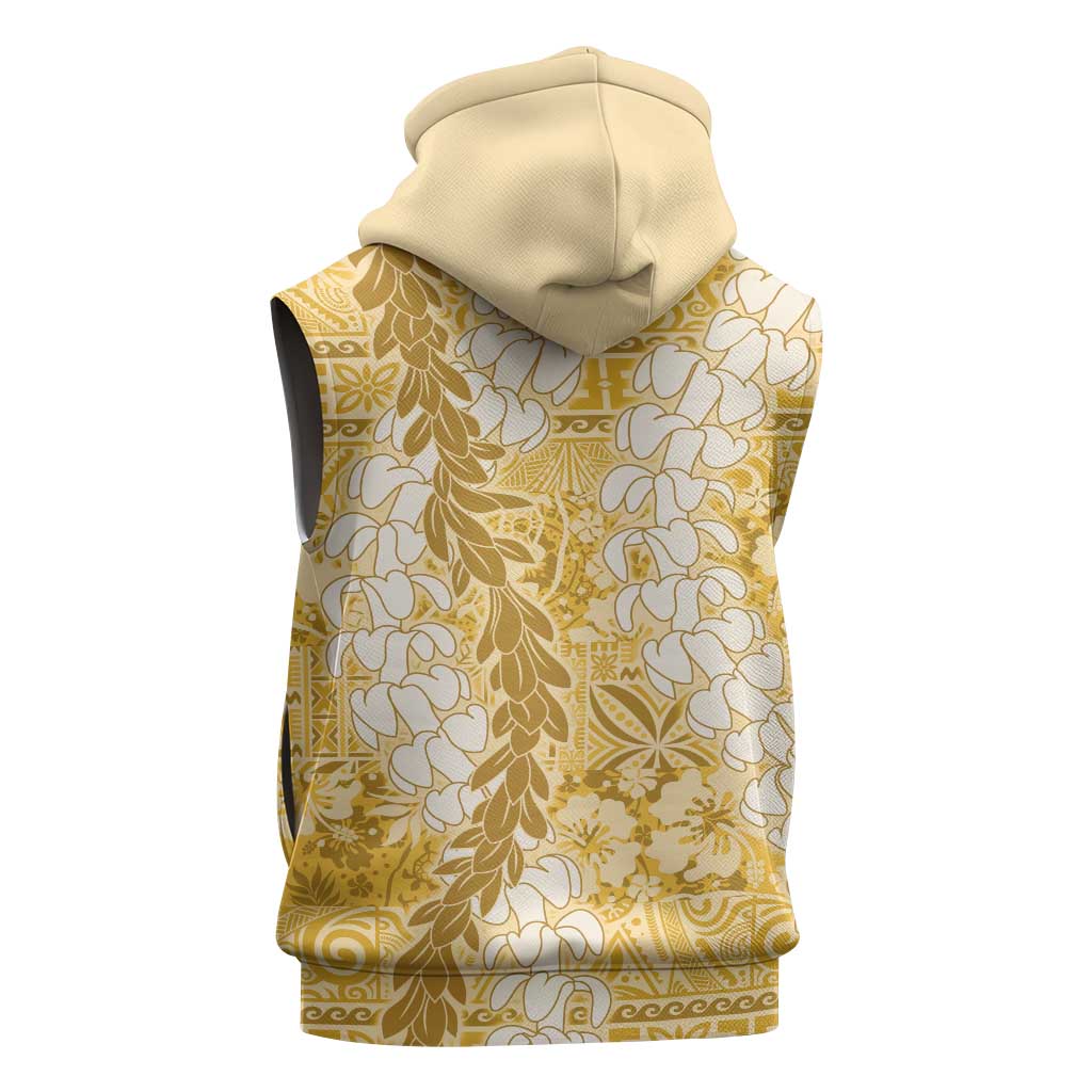 Gold Puakenikeni and Maile Lei Sleeveless Hoodie Hawaiian Style Tribal Tapa Double Strand Lei - Polynesian Pride