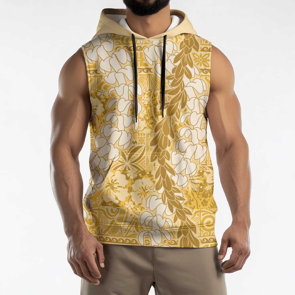 Gold Puakenikeni and Maile Lei Sleeveless Hoodie Hawaiian Style Tribal Tapa Double Strand Lei - Polynesian Pride