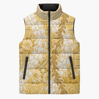 Gold Puakenikeni and Maile Lei Sleeveless Puffer Jacket Hawaiian Style Tribal Tapa Double Strand Lei - Polynesian Pride