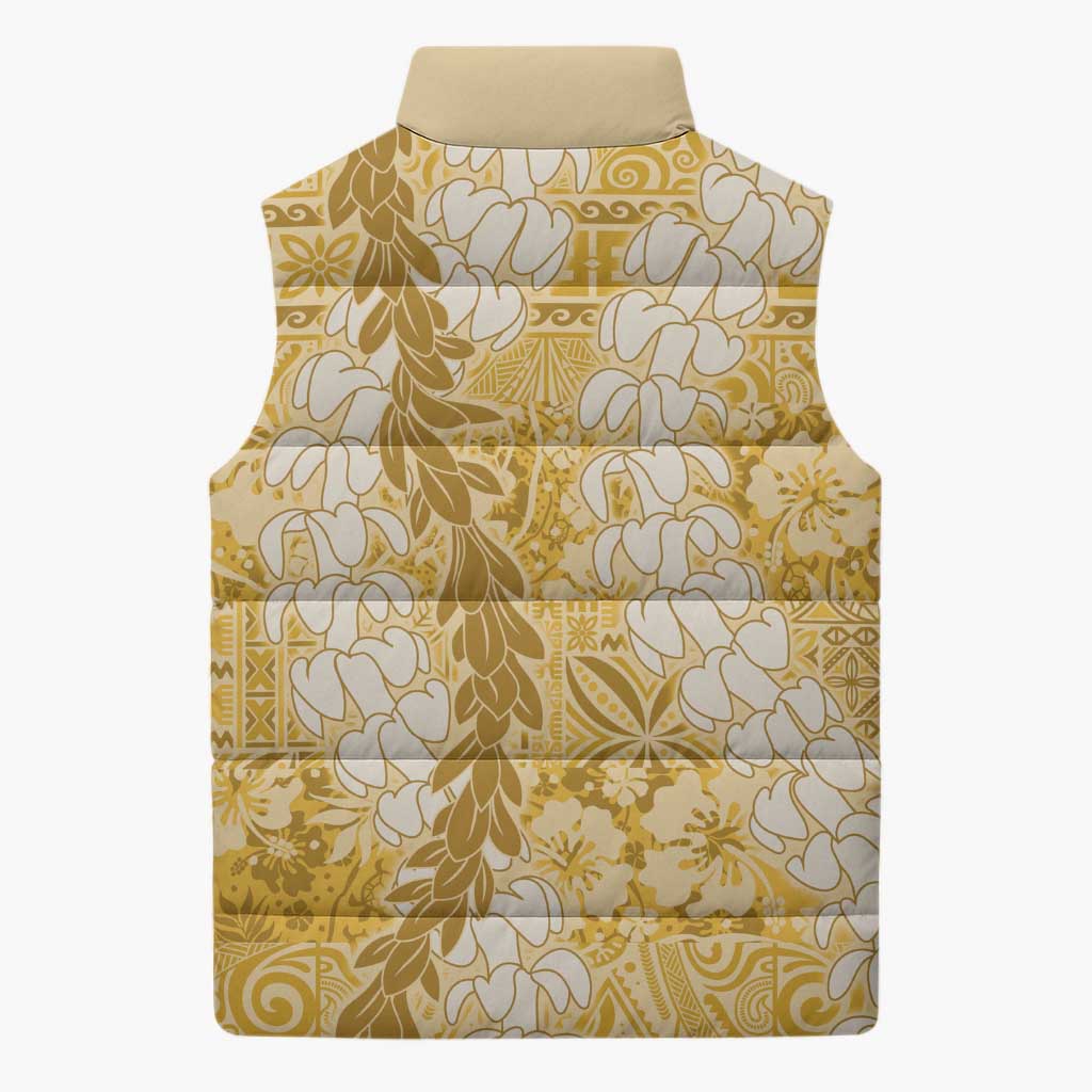 Gold Puakenikeni and Maile Lei Sleeveless Puffer Jacket Hawaiian Style Tribal Tapa Double Strand Lei - Polynesian Pride