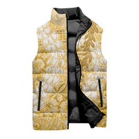 Gold Puakenikeni and Maile Lei Sleeveless Puffer Jacket Hawaiian Style Tribal Tapa Double Strand Lei - Polynesian Pride