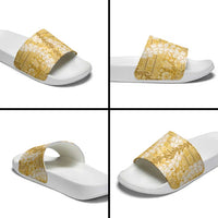 Gold Puakenikeni and Maile Lei Slide Sandals Hawaiian Style Tribal Tapa Double Strand Lei - Polynesian Pride