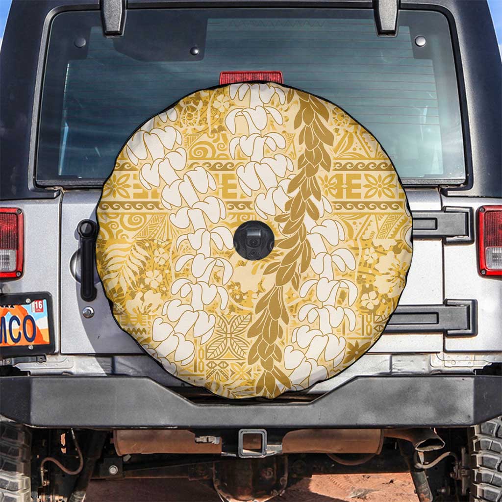 Gold Puakenikeni and Maile Lei Spare Tire Cover Hawaiian Style Tribal Tapa Double Strand Lei