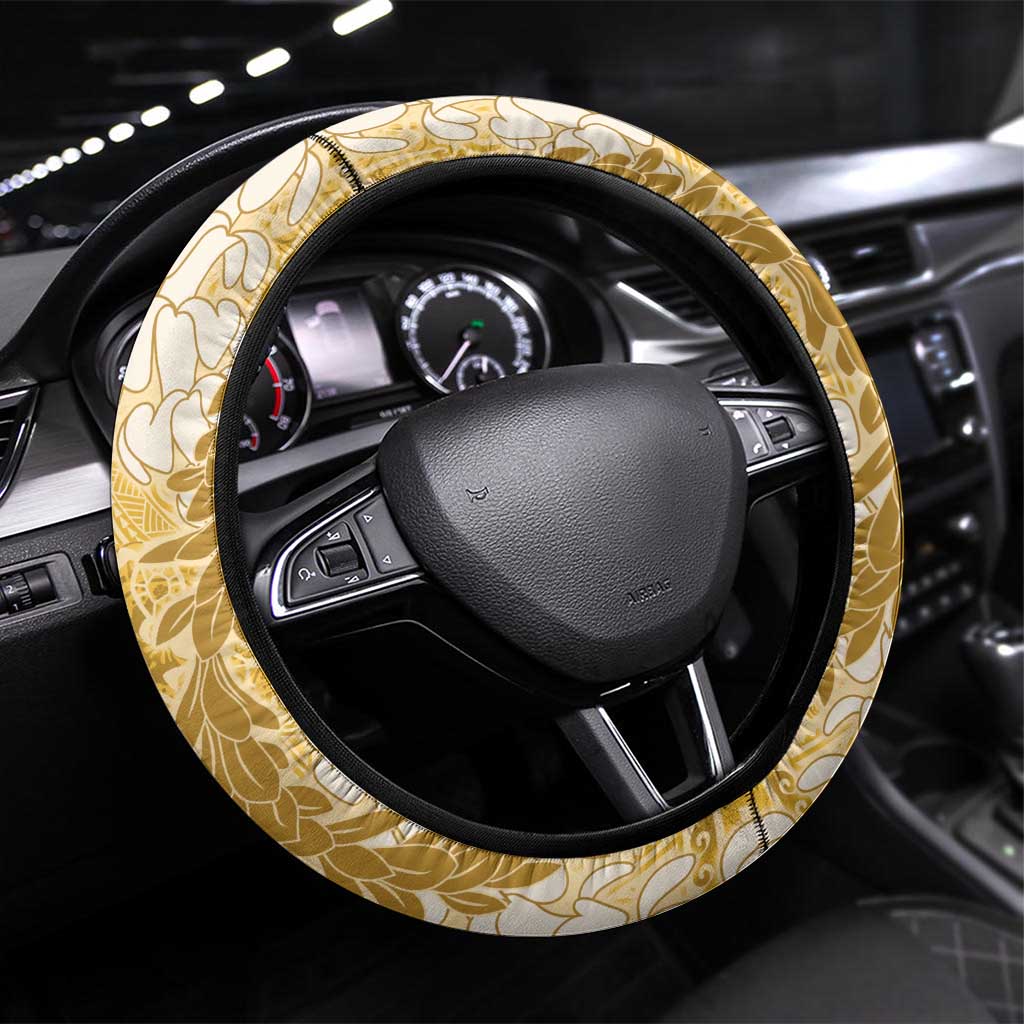 Gold Puakenikeni and Maile Lei Steering Wheel Cover Hawaiian Style Tribal Tapa Double Strand Lei