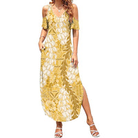 Gold Puakenikeni and Maile Lei Summer Maxi Dress Hawaiian Style Tribal Tapa Double Strand Lei