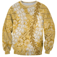 Gold Puakenikeni and Maile Lei Sweatshirt Hawaiian Style Tribal Tapa Double Strand Lei