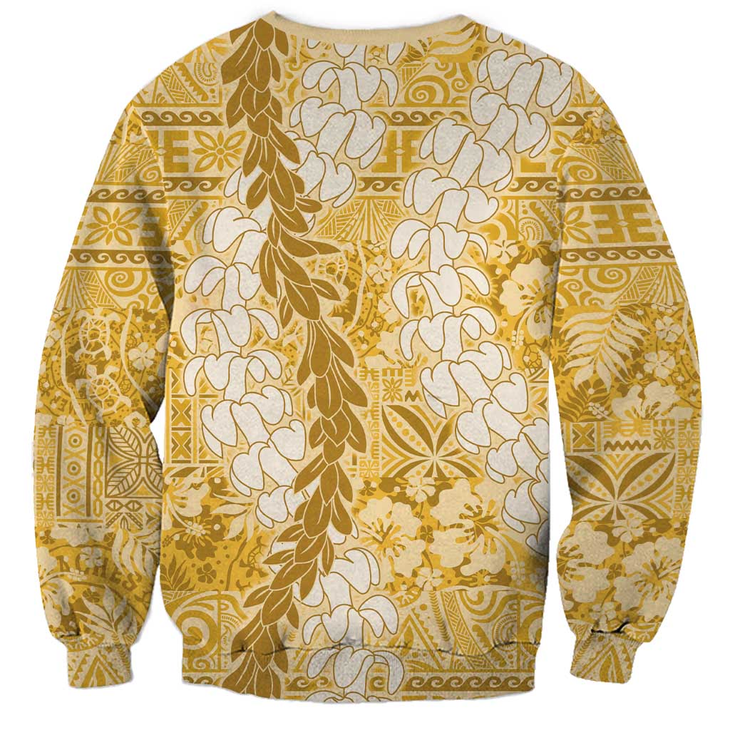 Gold Puakenikeni and Maile Lei Sweatshirt Hawaiian Style Tribal Tapa Double Strand Lei