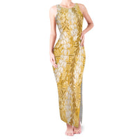 Gold Puakenikeni and Maile Lei Tank Maxi Dress Hawaiian Style Tribal Tapa Double Strand Lei