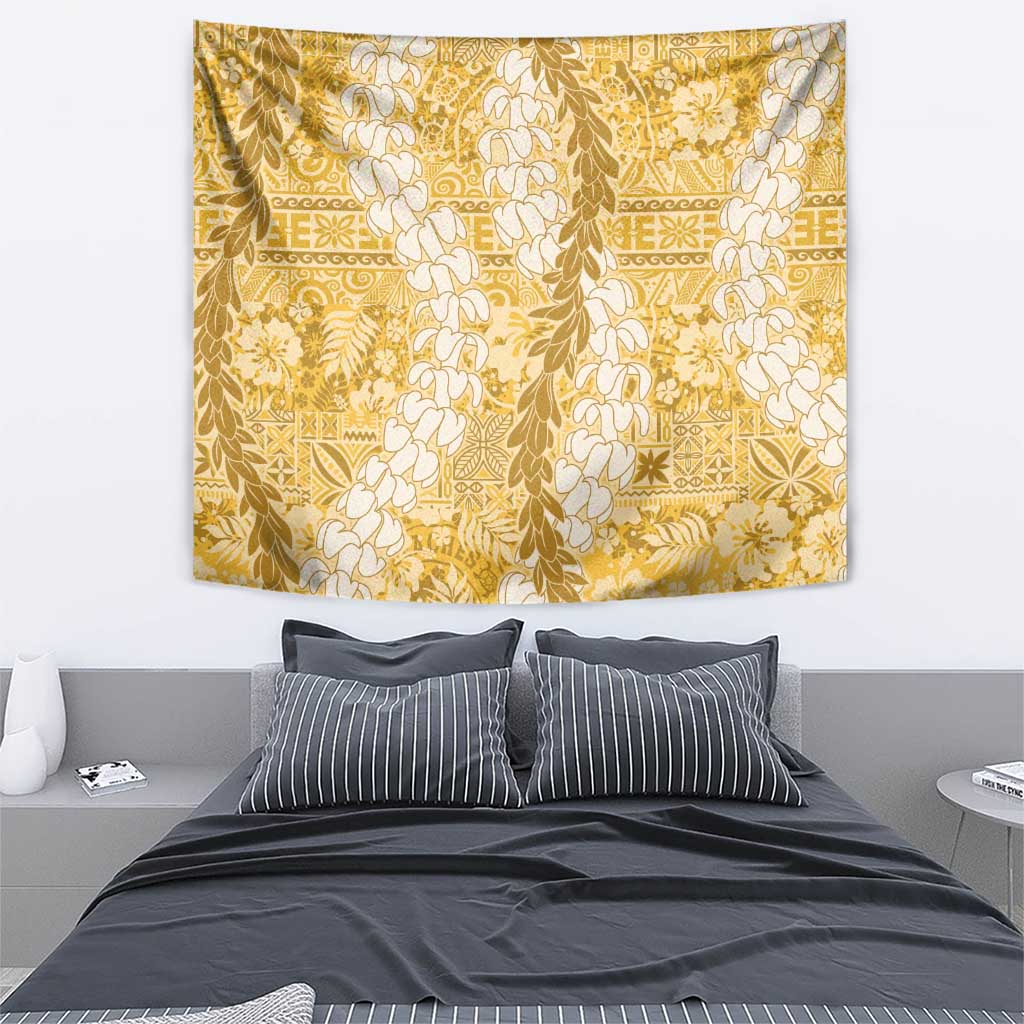 Gold Puakenikeni and Maile Lei Tapestry Hawaiian Style Tribal Tapa Double Strand Lei