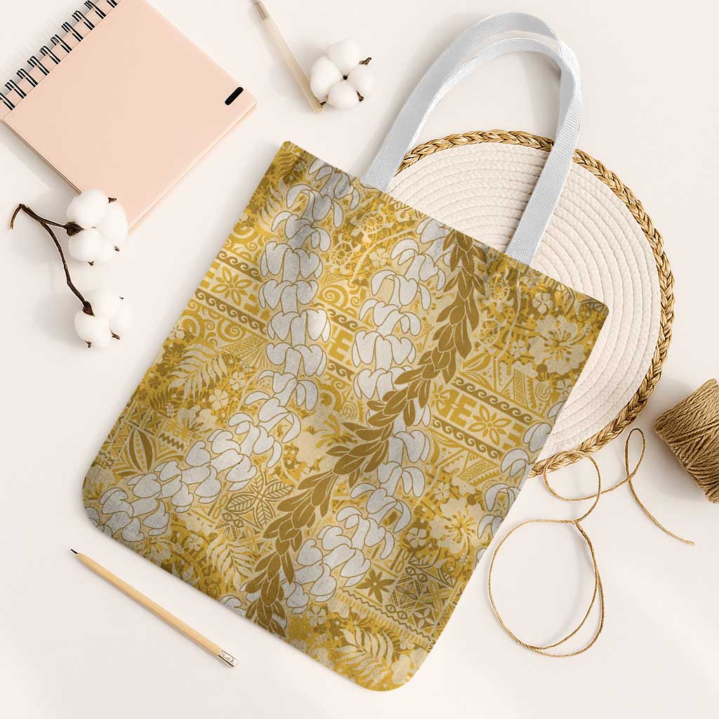 Gold Puakenikeni and Maile Lei Tote Bag Hawaiian Style Tribal Tapa Double Strand Lei - Polynesian Pride