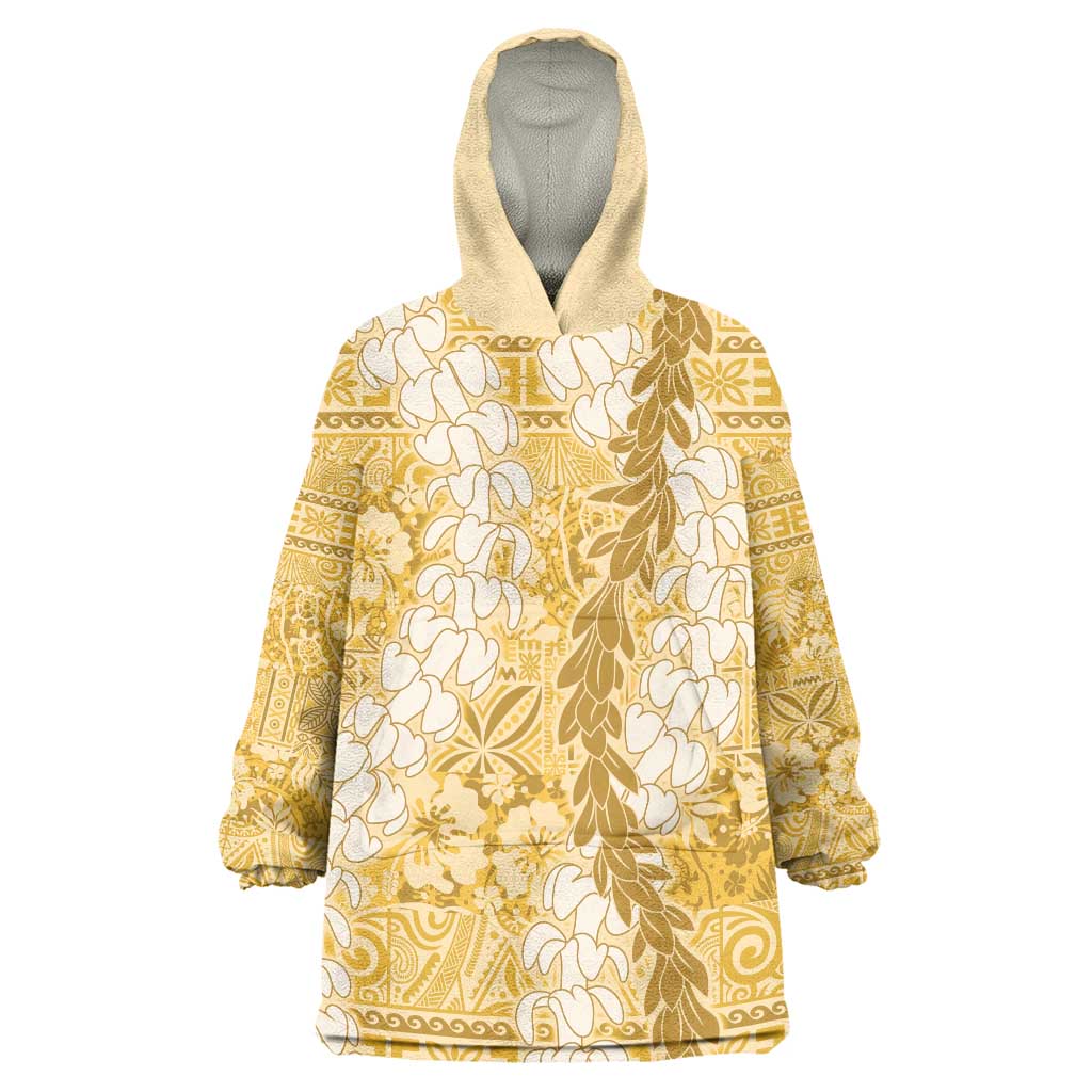 Gold Puakenikeni and Maile Lei Wearable Blanket Hoodie Hawaiian Style Tribal Tapa Double Strand Lei