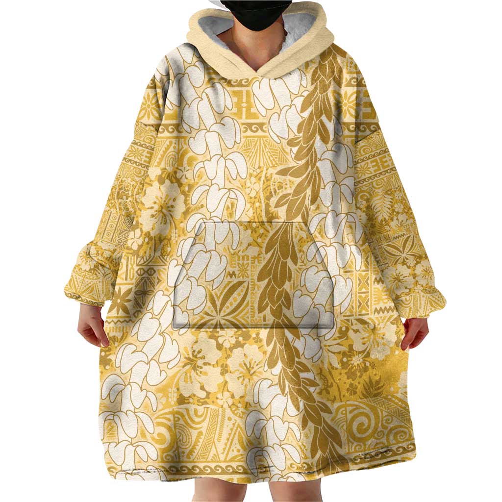 Gold Puakenikeni and Maile Lei Wearable Blanket Hoodie Hawaiian Style Tribal Tapa Double Strand Lei