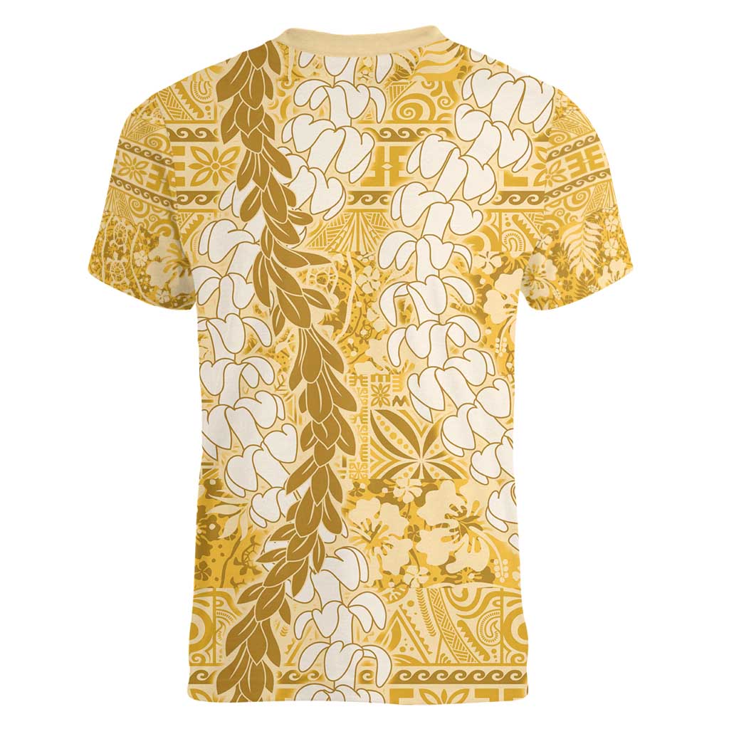 Gold Puakenikeni and Maile Lei Women V-Neck T-Shirt Hawaiian Style Tribal Tapa Double Strand Lei