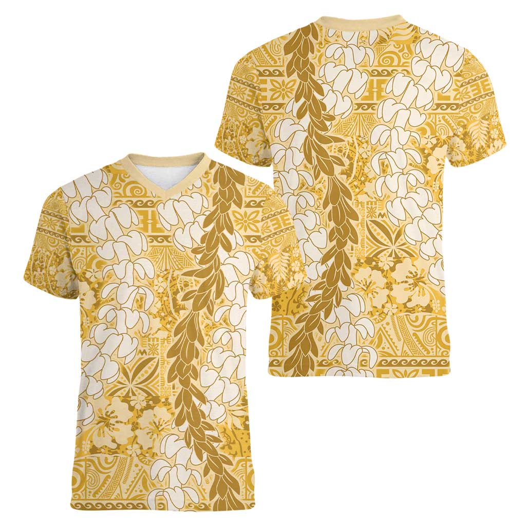 Gold Puakenikeni and Maile Lei Women V-Neck T-Shirt Hawaiian Style Tribal Tapa Double Strand Lei