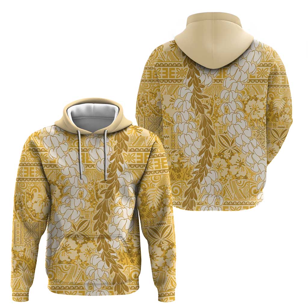 Gold Puakenikeni and Maile Lei Zip Hoodie Hawaiian Style Tribal Tapa Double Strand Lei