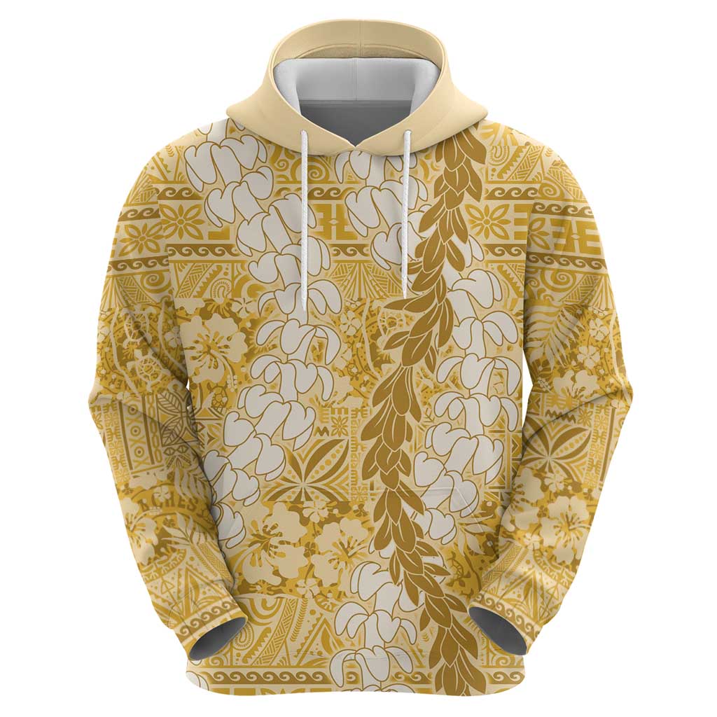 Gold Puakenikeni and Maile Lei Zip Hoodie Hawaiian Style Tribal Tapa Double Strand Lei