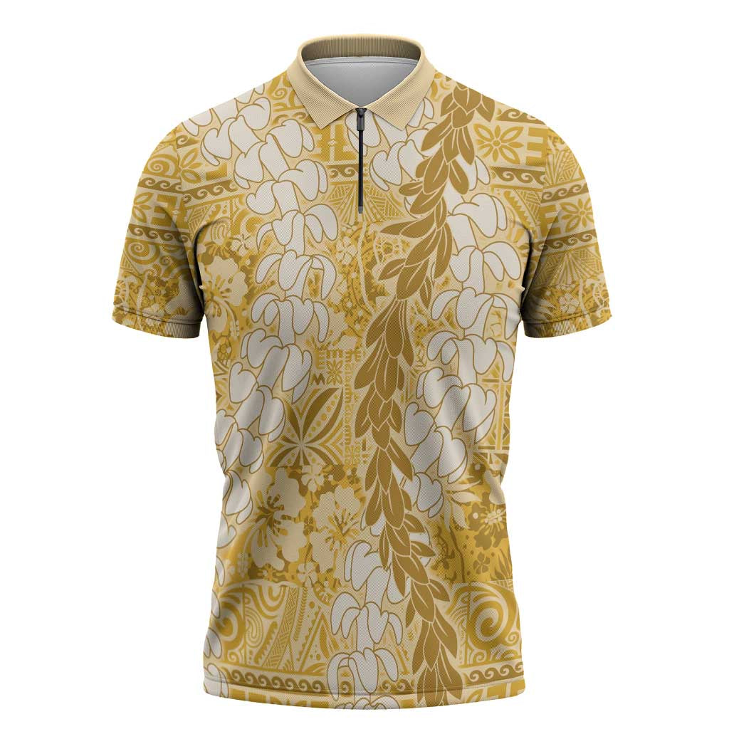 Gold Puakenikeni and Maile Lei Zipper Polo Shirt Hawaiian Style Tribal Tapa Double Strand Lei - Polynesian Pride