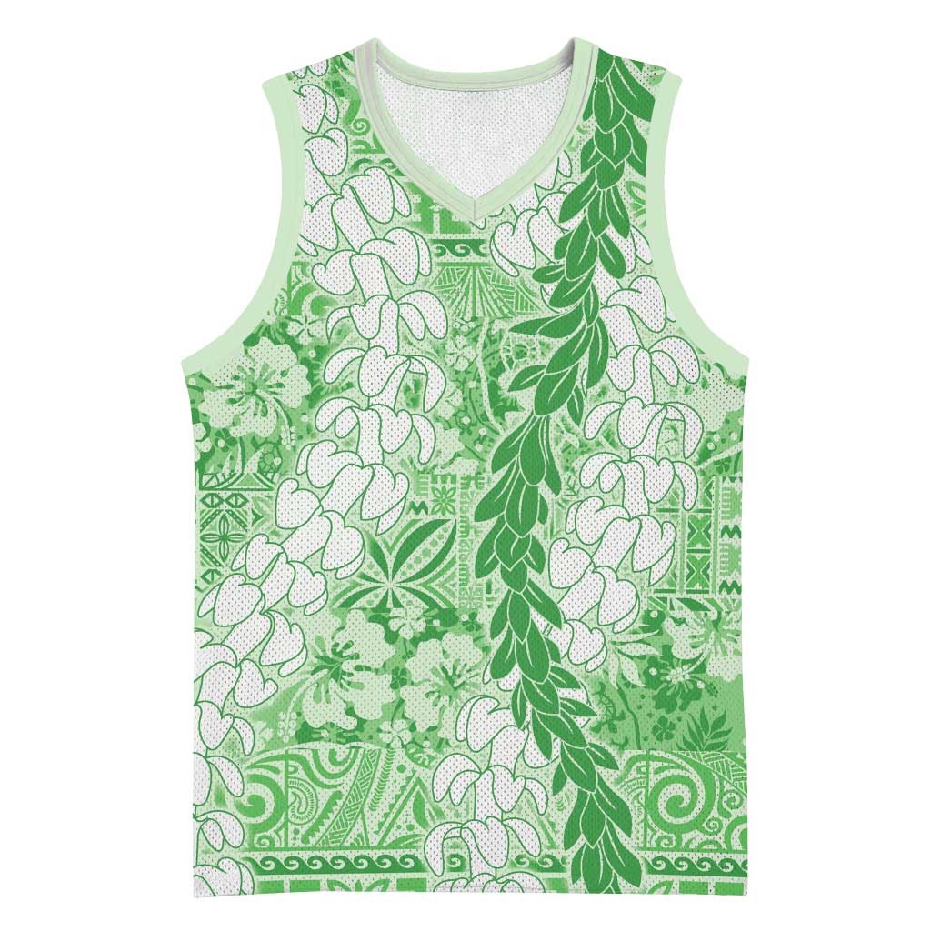 Green Puakenikeni and Maile Lei Basketball Jersey Hawaiian Style Tribal Tapa Double Strand Lei - Polynesian Pride
