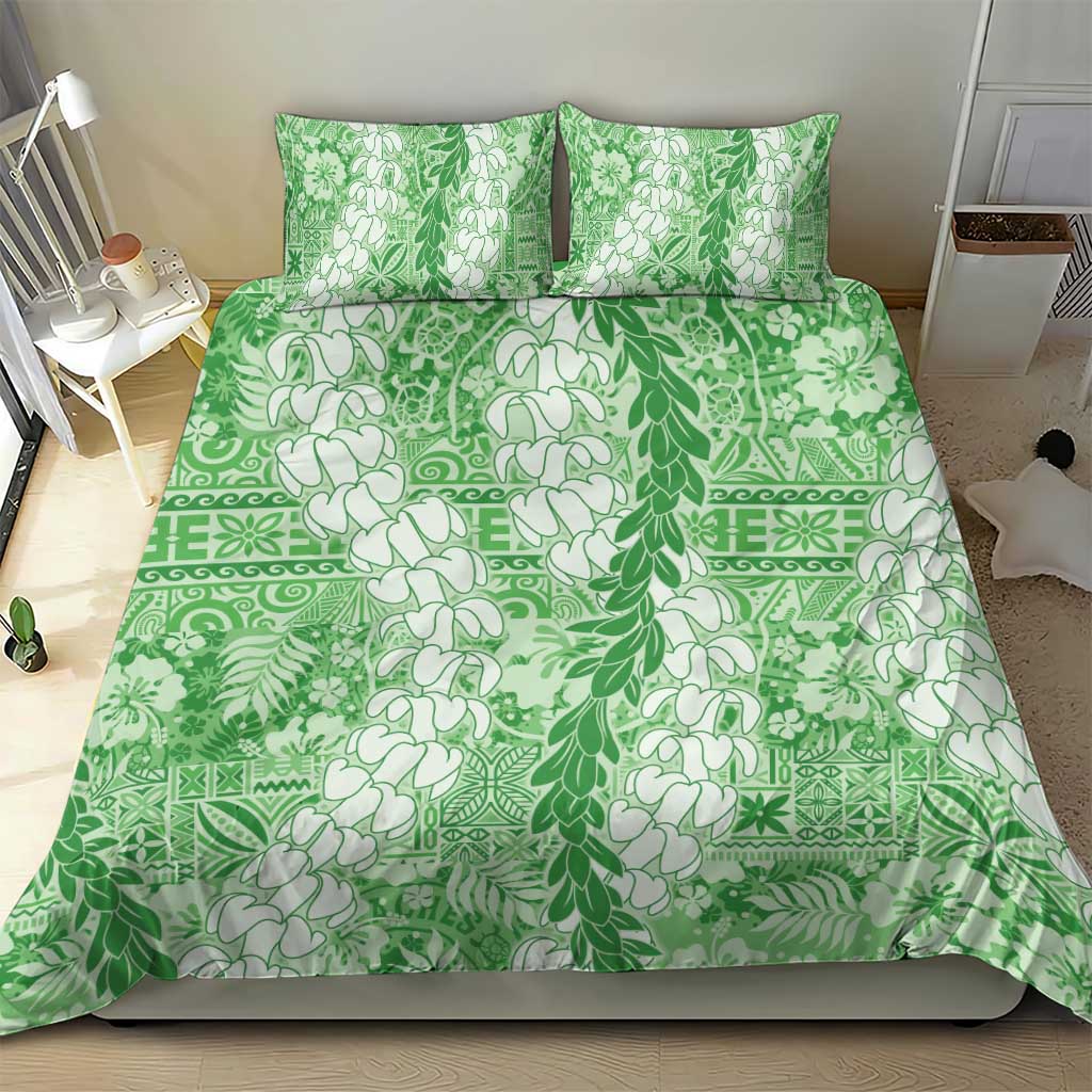 Green Puakenikeni and Maile Lei Bedding Set Hawaiian Style Tribal Tapa Double Strand Lei