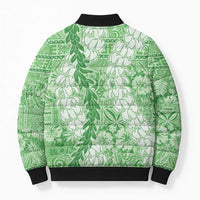 Green Puakenikeni and Maile Lei Bomber Puffer Jacket Hawaiian Style Tribal Tapa Double Strand Lei - Polynesian Pride