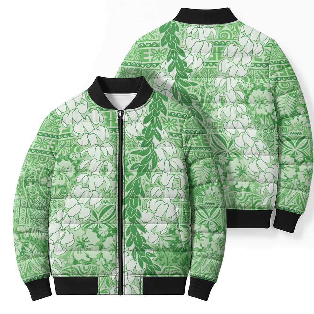 Green Puakenikeni and Maile Lei Bomber Puffer Jacket Hawaiian Style Tribal Tapa Double Strand Lei - Polynesian Pride