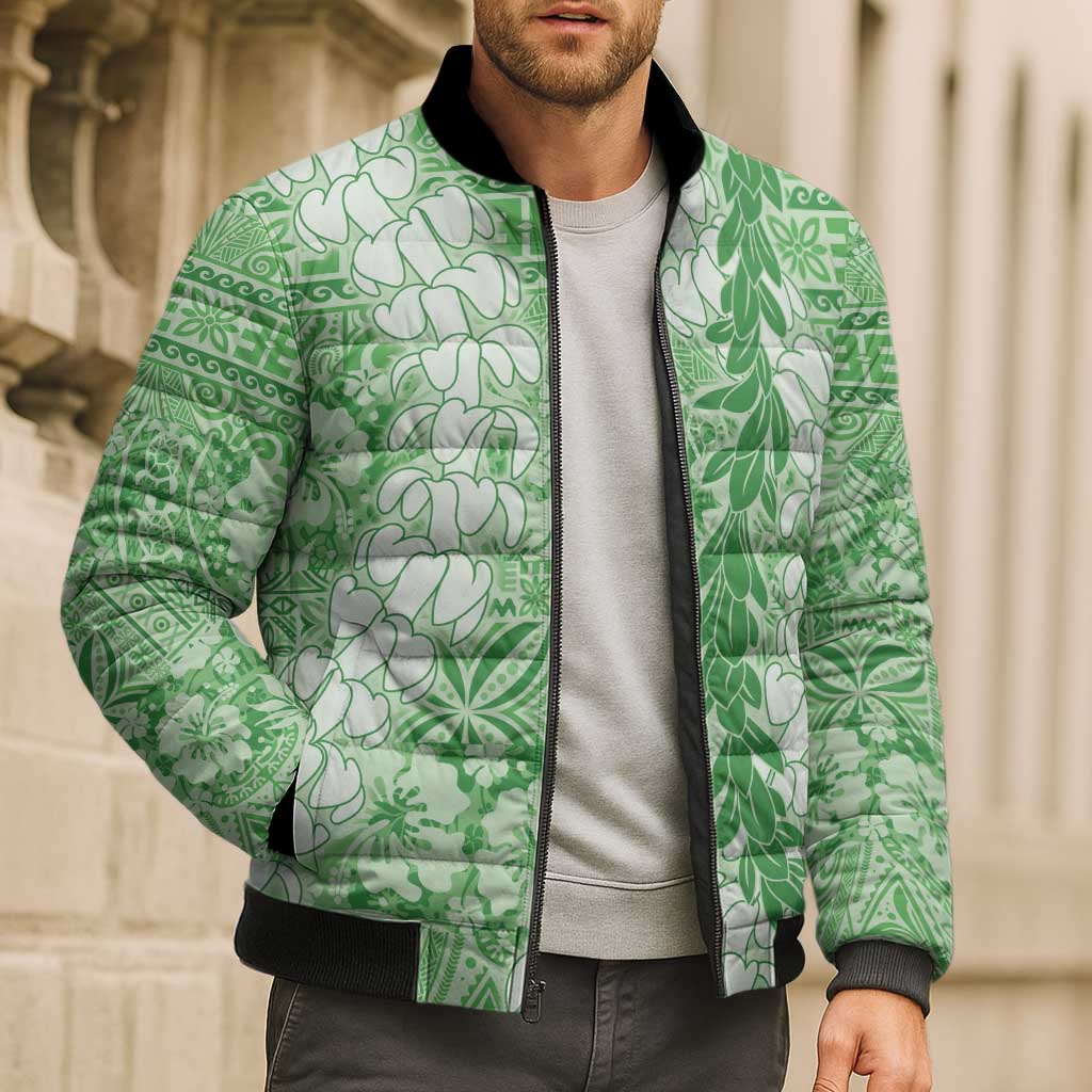 Green Puakenikeni and Maile Lei Bomber Puffer Jacket Hawaiian Style Tribal Tapa Double Strand Lei - Polynesian Pride
