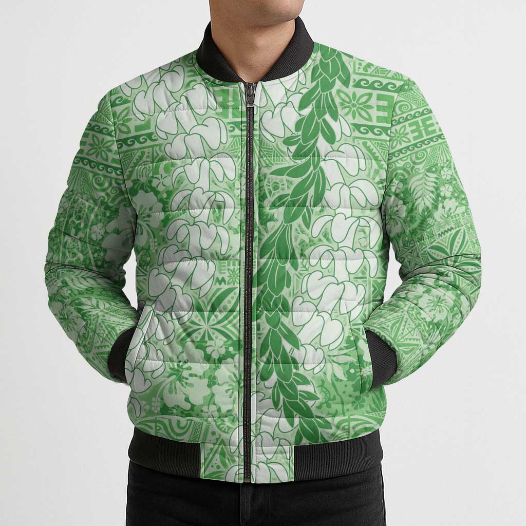 Green Puakenikeni and Maile Lei Bomber Puffer Jacket Hawaiian Style Tribal Tapa Double Strand Lei - Polynesian Pride