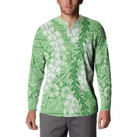 Green Puakenikeni and Maile Lei Button Sweatshirt Hawaiian Style Tribal Tapa Double Strand Lei