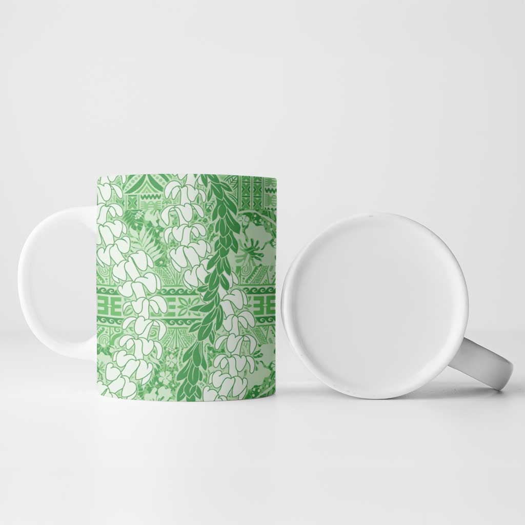 Green Puakenikeni and Maile Lei Ceramic Mug Hawaiian Style Tribal Tapa Double Strand Lei - Polynesian Pride