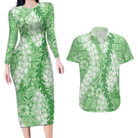 Green Puakenikeni and Maile Lei Couples Matching Long Sleeve Bodycon Dress and Hawaiian Shirt Hawaiian Style Tribal Tapa Double Strand Lei