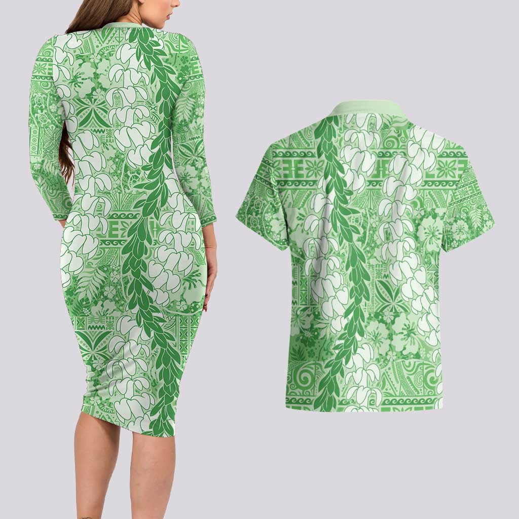 Green Puakenikeni and Maile Lei Couples Matching Long Sleeve Bodycon Dress and Hawaiian Shirt Hawaiian Style Tribal Tapa Double Strand Lei