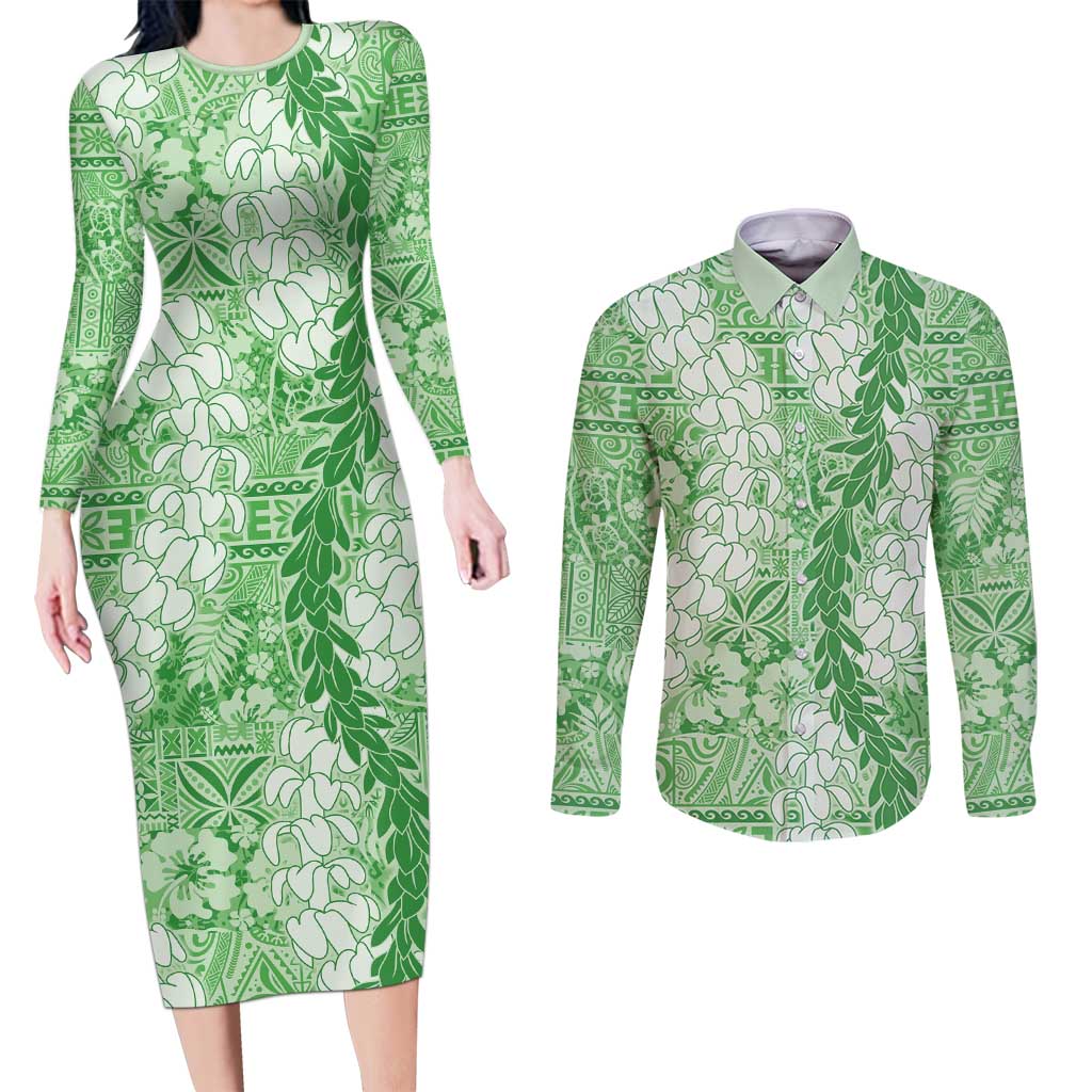 Green Puakenikeni and Maile Lei Couples Matching Long Sleeve Bodycon Dress and Long Sleeve Button Shirt Hawaiian Style Tribal Tapa Double Strand Lei
