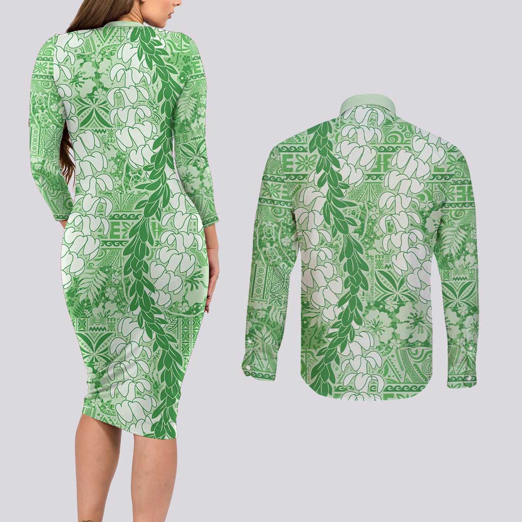Green Puakenikeni and Maile Lei Couples Matching Long Sleeve Bodycon Dress and Long Sleeve Button Shirt Hawaiian Style Tribal Tapa Double Strand Lei