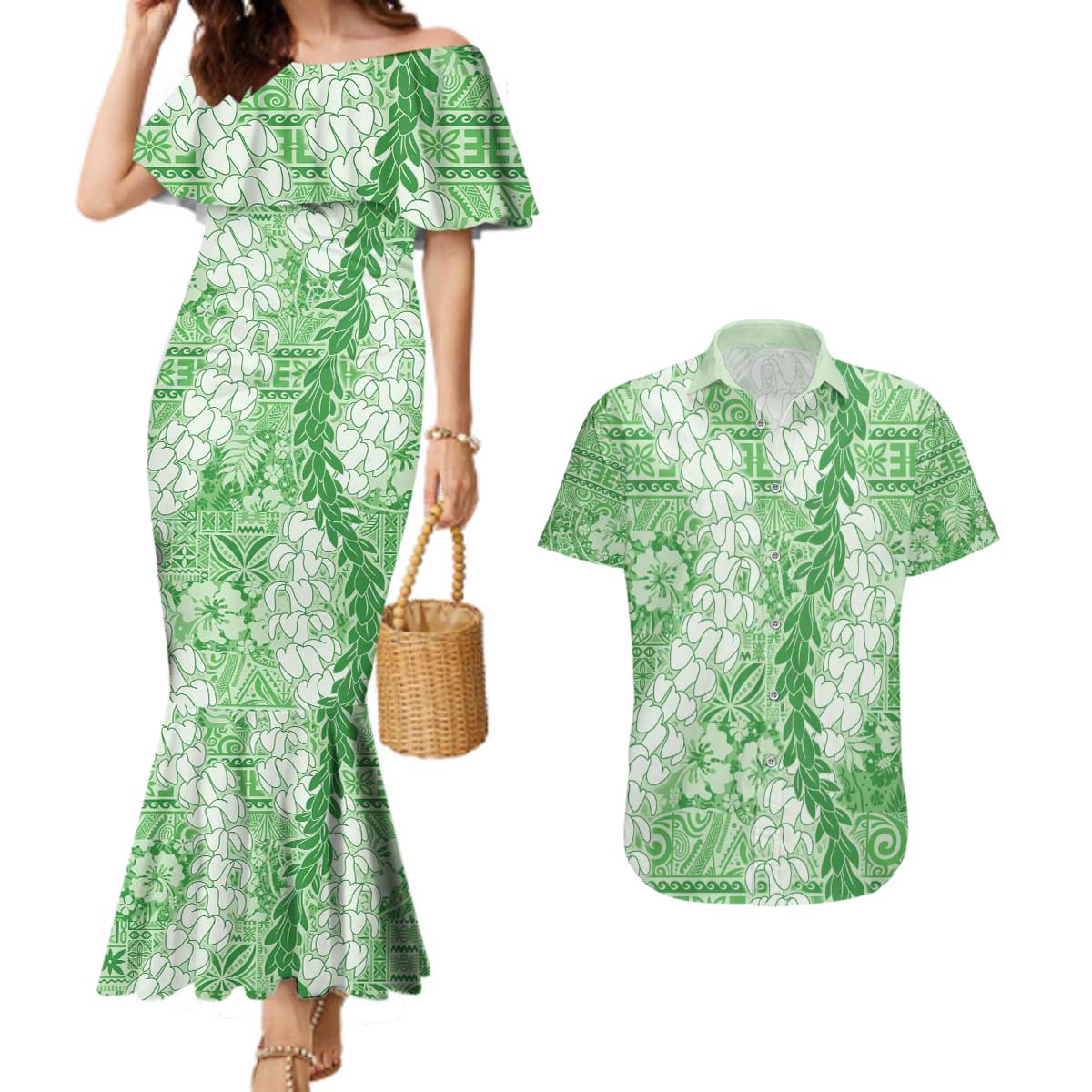 Green Puakenikeni and Maile Lei Couples Matching Mermaid Dress and Hawaiian Shirt Hawaiian Style Tribal Tapa Double Strand Lei