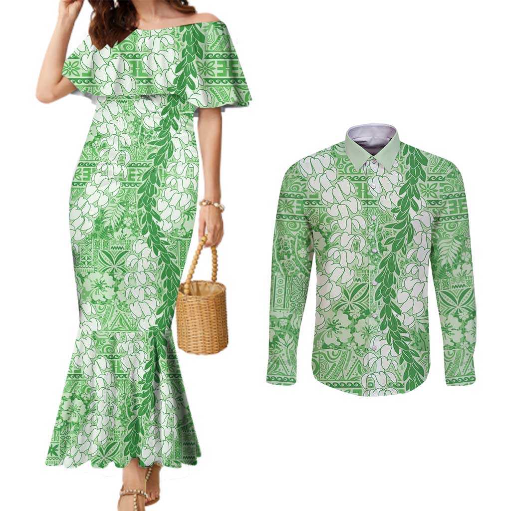 Green Puakenikeni and Maile Lei Couples Matching Mermaid Dress and Long Sleeve Button Shirt Hawaiian Style Tribal Tapa Double Strand Lei