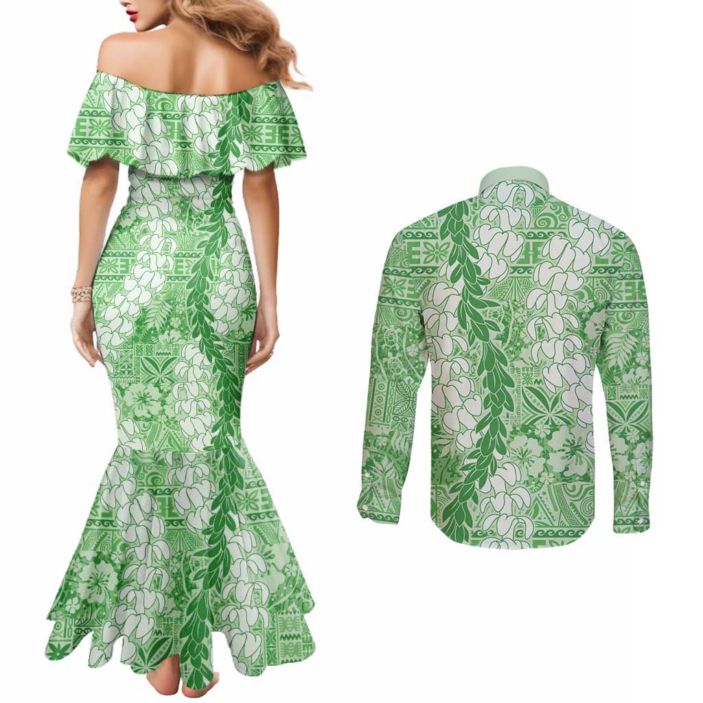 Green Puakenikeni and Maile Lei Couples Matching Mermaid Dress and Long Sleeve Button Shirt Hawaiian Style Tribal Tapa Double Strand Lei