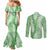 Green Puakenikeni and Maile Lei Couples Matching Mermaid Dress and Long Sleeve Button Shirt Hawaiian Style Tribal Tapa Double Strand Lei