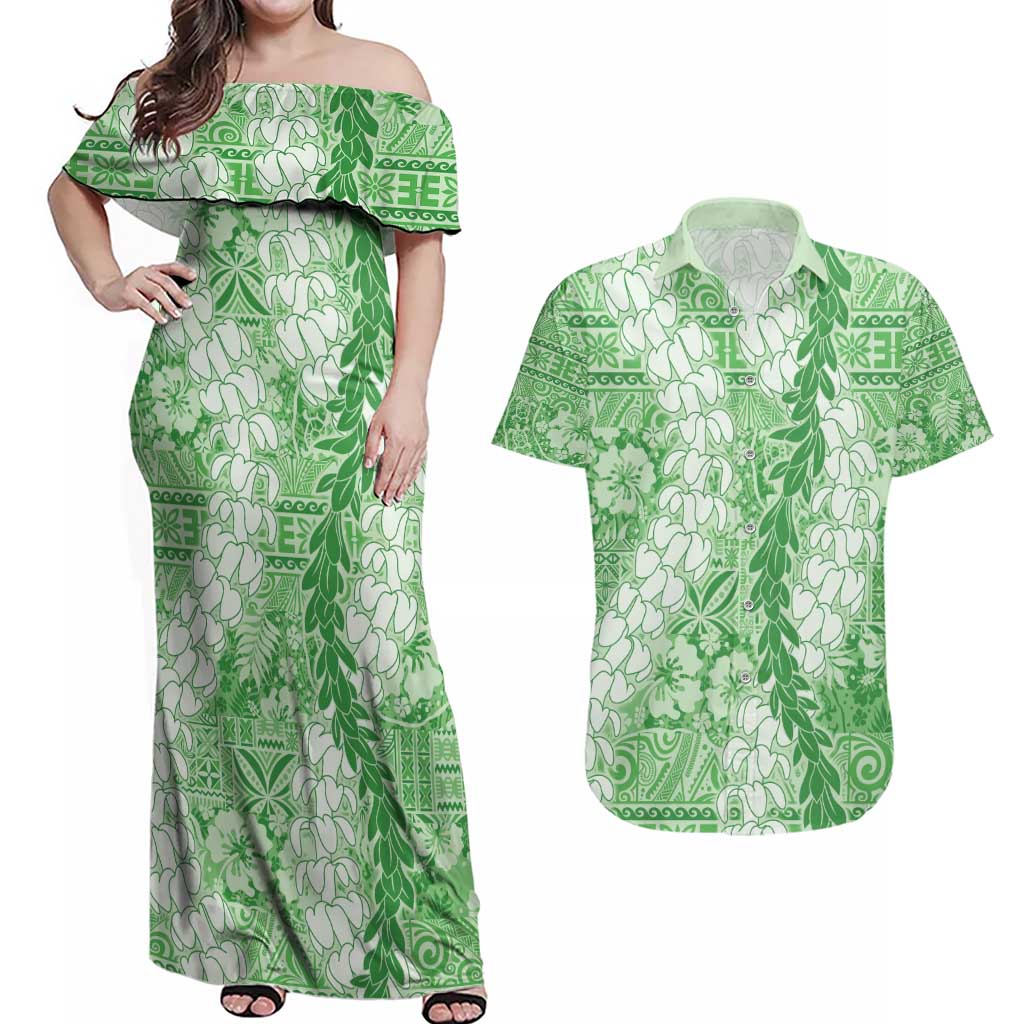 Green Puakenikeni and Maile Lei Couples Matching Off Shoulder Maxi Dress and Hawaiian Shirt Hawaiian Style Tribal Tapa Double Strand Lei