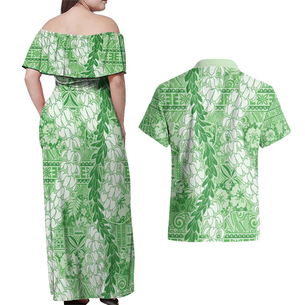 Green Puakenikeni and Maile Lei Couples Matching Off Shoulder Maxi Dress and Hawaiian Shirt Hawaiian Style Tribal Tapa Double Strand Lei