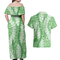 Green Puakenikeni and Maile Lei Couples Matching Off Shoulder Maxi Dress and Hawaiian Shirt Hawaiian Style Tribal Tapa Double Strand Lei