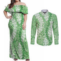 Green Puakenikeni and Maile Lei Couples Matching Off Shoulder Maxi Dress and Long Sleeve Button Shirt Hawaiian Style Tribal Tapa Double Strand Lei