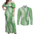 Green Puakenikeni and Maile Lei Couples Matching Off Shoulder Maxi Dress and Long Sleeve Button Shirt Hawaiian Style Tribal Tapa Double Strand Lei