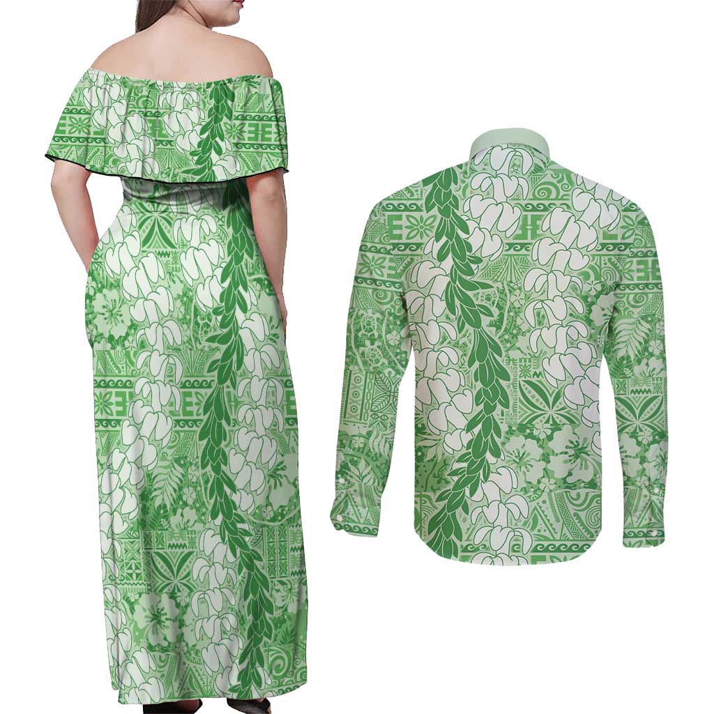 Green Puakenikeni and Maile Lei Couples Matching Off Shoulder Maxi Dress and Long Sleeve Button Shirt Hawaiian Style Tribal Tapa Double Strand Lei