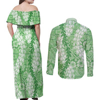 Green Puakenikeni and Maile Lei Couples Matching Off Shoulder Maxi Dress and Long Sleeve Button Shirt Hawaiian Style Tribal Tapa Double Strand Lei