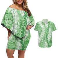 Green Puakenikeni and Maile Lei Couples Matching Off Shoulder Short Dress and Hawaiian Shirt Hawaiian Style Tribal Tapa Double Strand Lei