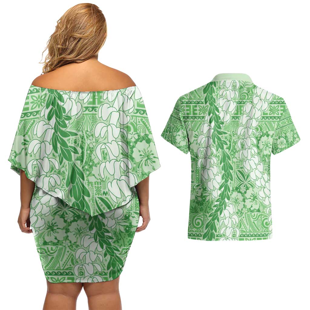 Green Puakenikeni and Maile Lei Couples Matching Off Shoulder Short Dress and Hawaiian Shirt Hawaiian Style Tribal Tapa Double Strand Lei